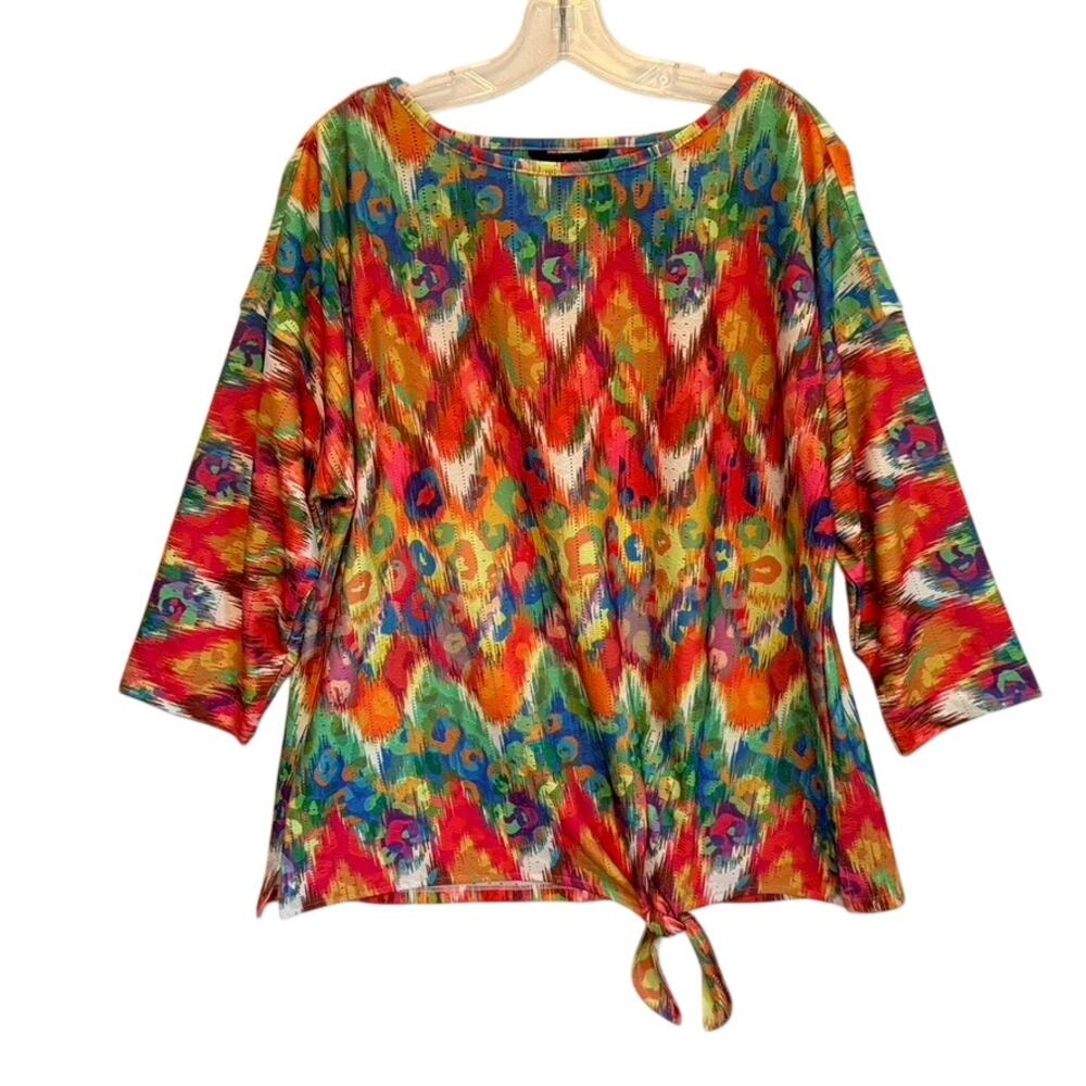 Ali Miles 3/4 Sleeve Tie Waist Pullover Top Rainbow Multi Womens Large